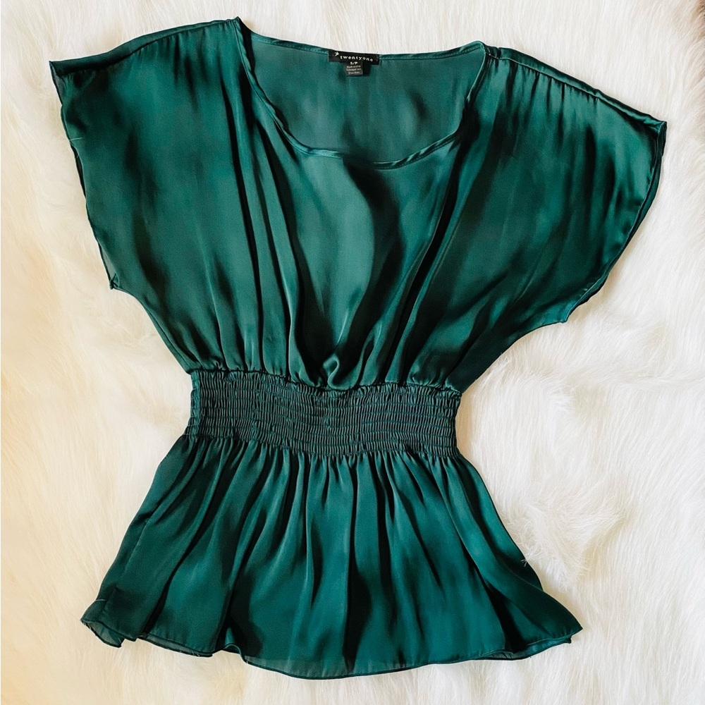 Romantic Emerald Green Sheer Blouse. Women's Casual Summer Stretch Waist Top